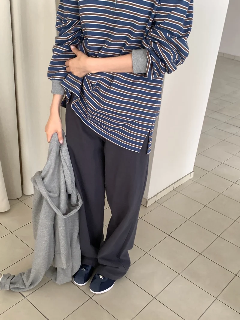 Anstand Striped Polo Collar Long Sleeve Tee with Side Slits