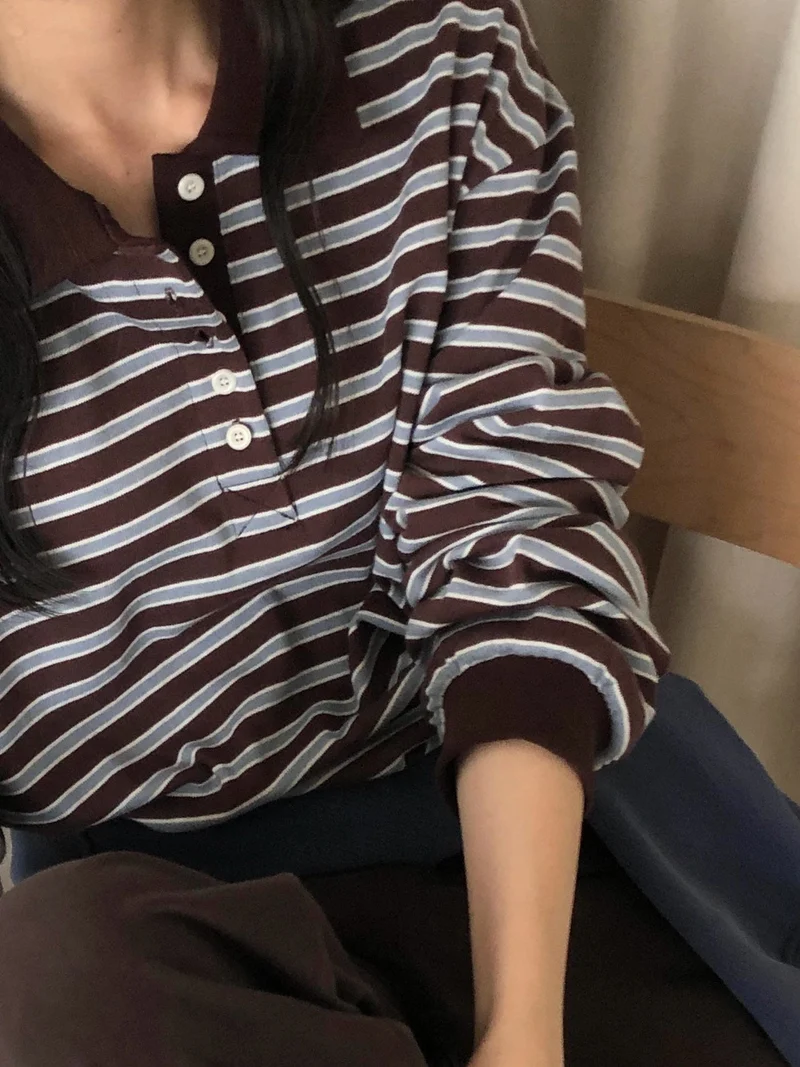 Anstand Striped Polo Collar Long Sleeve Tee with Side Slits