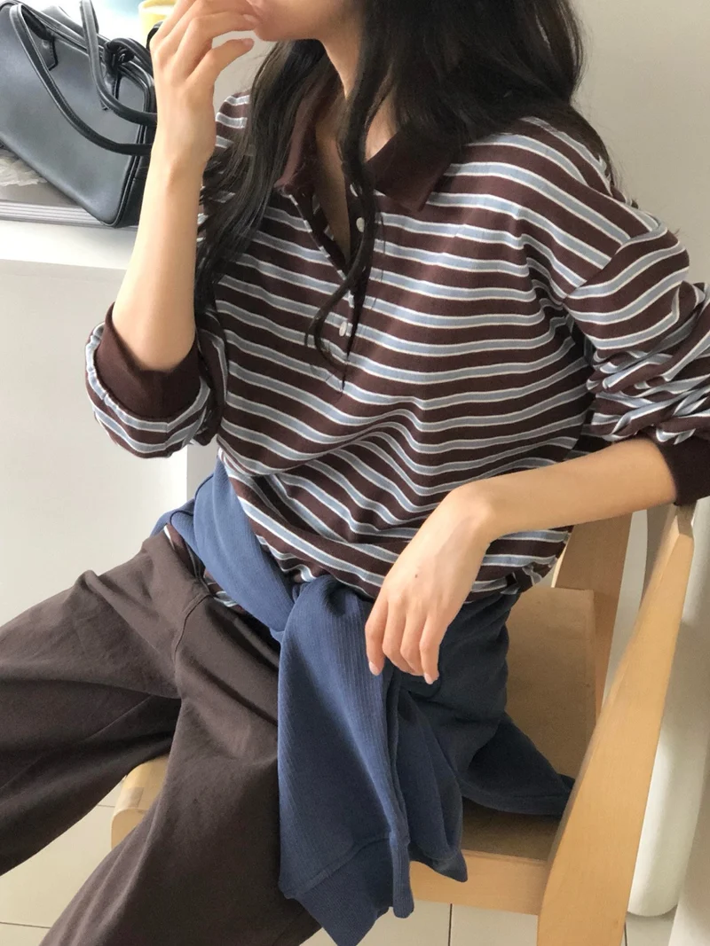 Anstand Striped Polo Collar Long Sleeve Tee with Side Slits