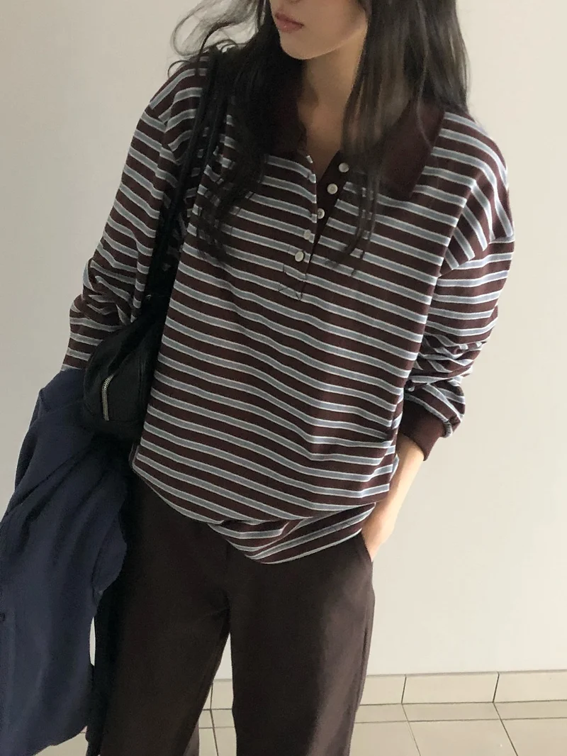 Anstand Striped Polo Collar Long Sleeve Tee with Side Slits