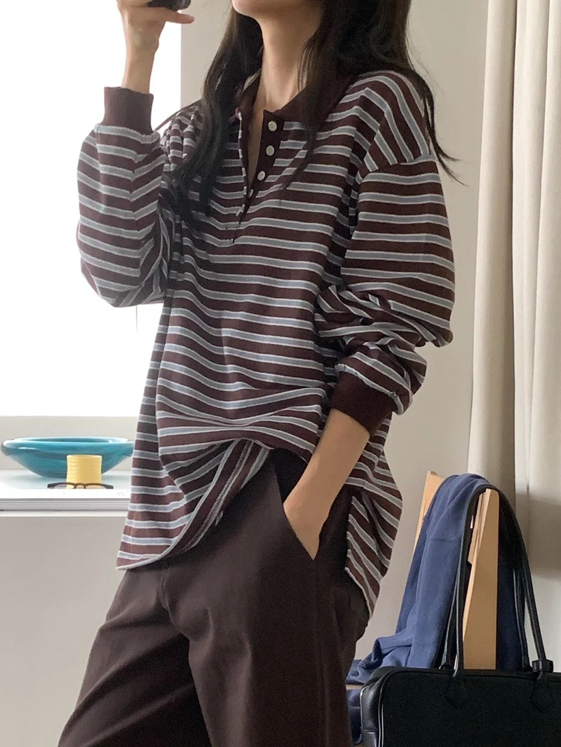 Anstand Striped Polo Collar Long Sleeve Tee with Side Slits
