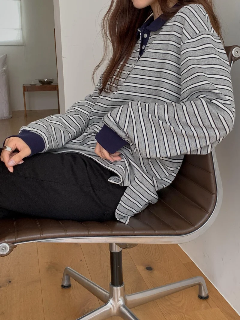 Anstand Striped Polo Collar Long Sleeve Tee with Side Slits