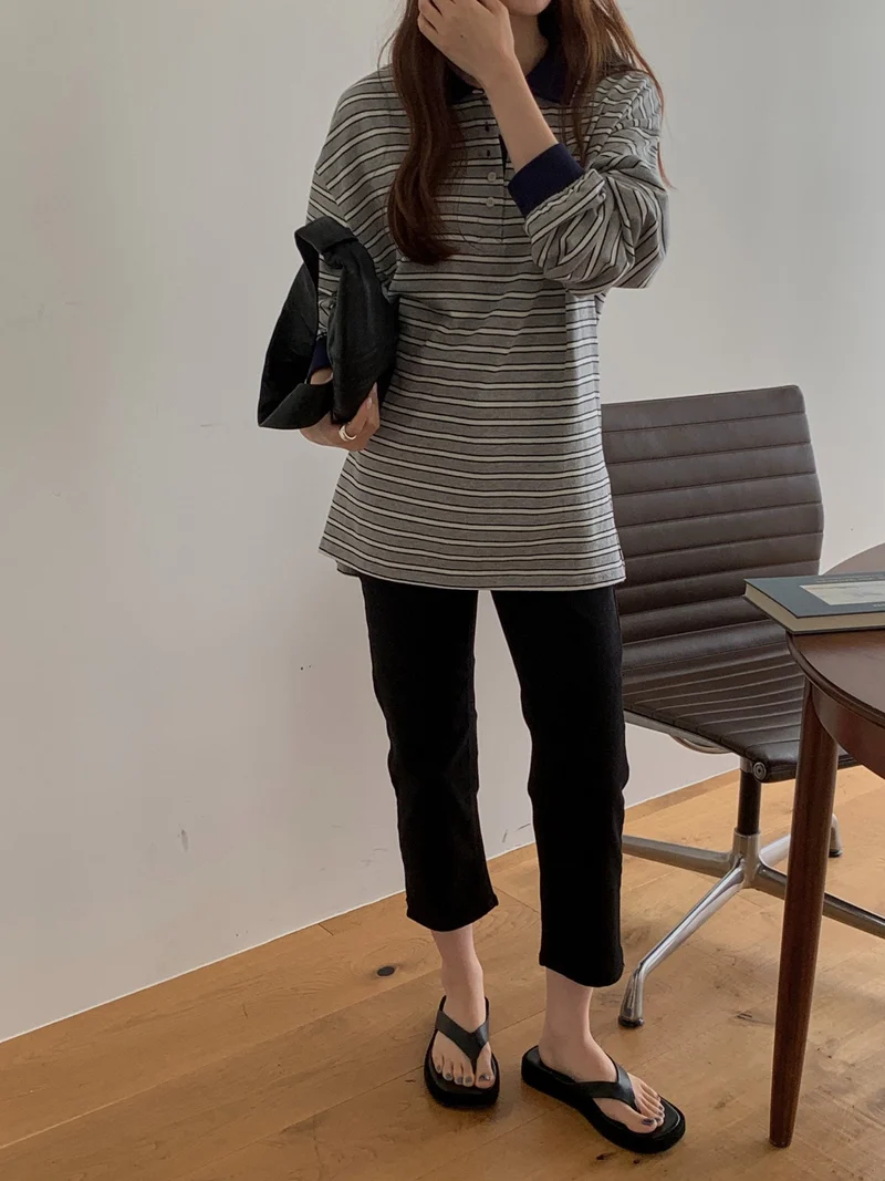Anstand Striped Polo Collar Long Sleeve Tee with Side Slits