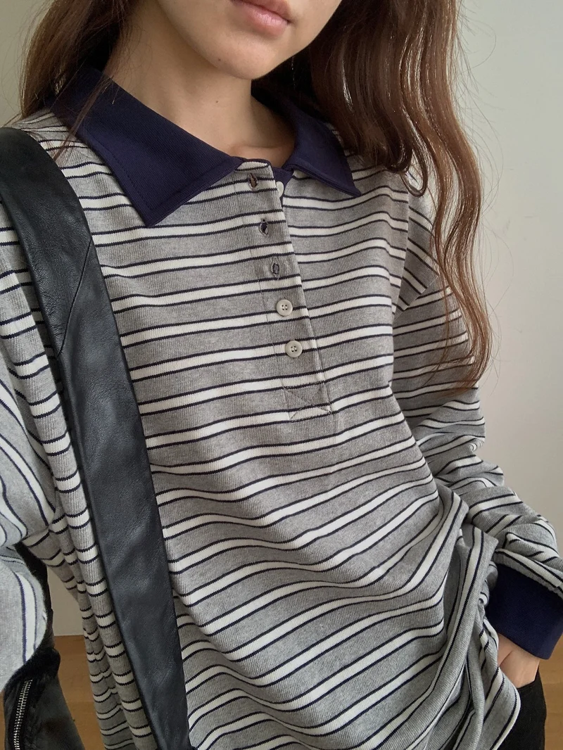 Anstand Striped Polo Collar Long Sleeve Tee with Side Slits