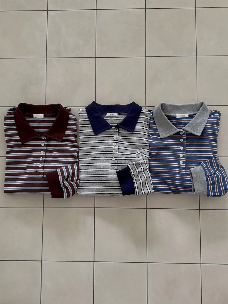 Anstand Striped Polo Collar Long Sleeve Tee with Side Slits
