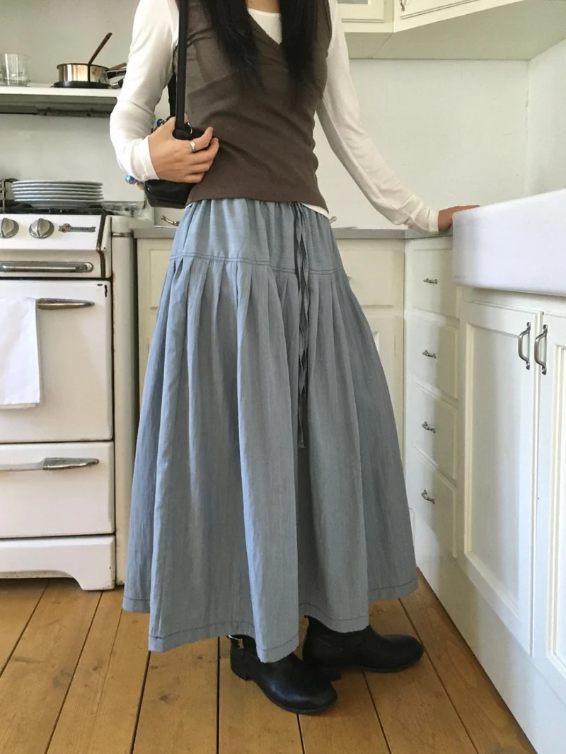 Treean Pleated Midi Skirt with Drawstring Elastic Waist