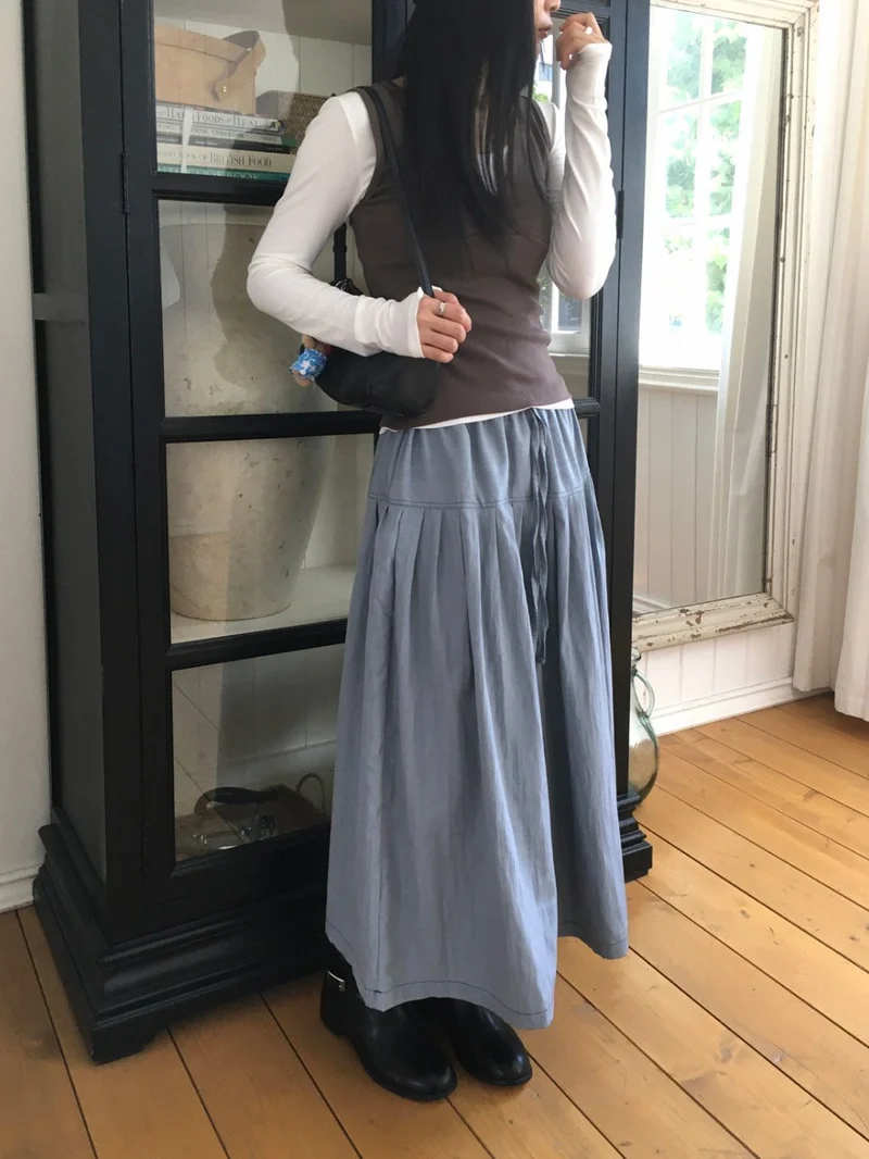 Treean Pleated Midi Skirt with Drawstring Elastic Waist