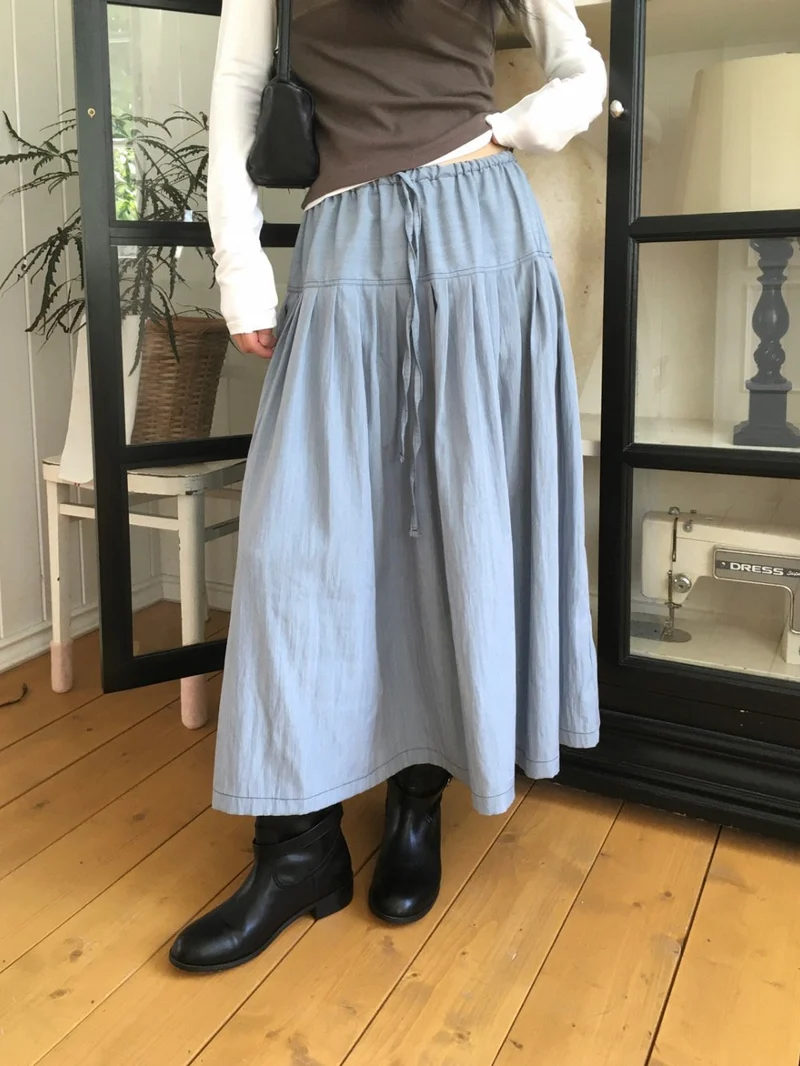 Treean Pleated Midi Skirt with Drawstring Elastic Waist