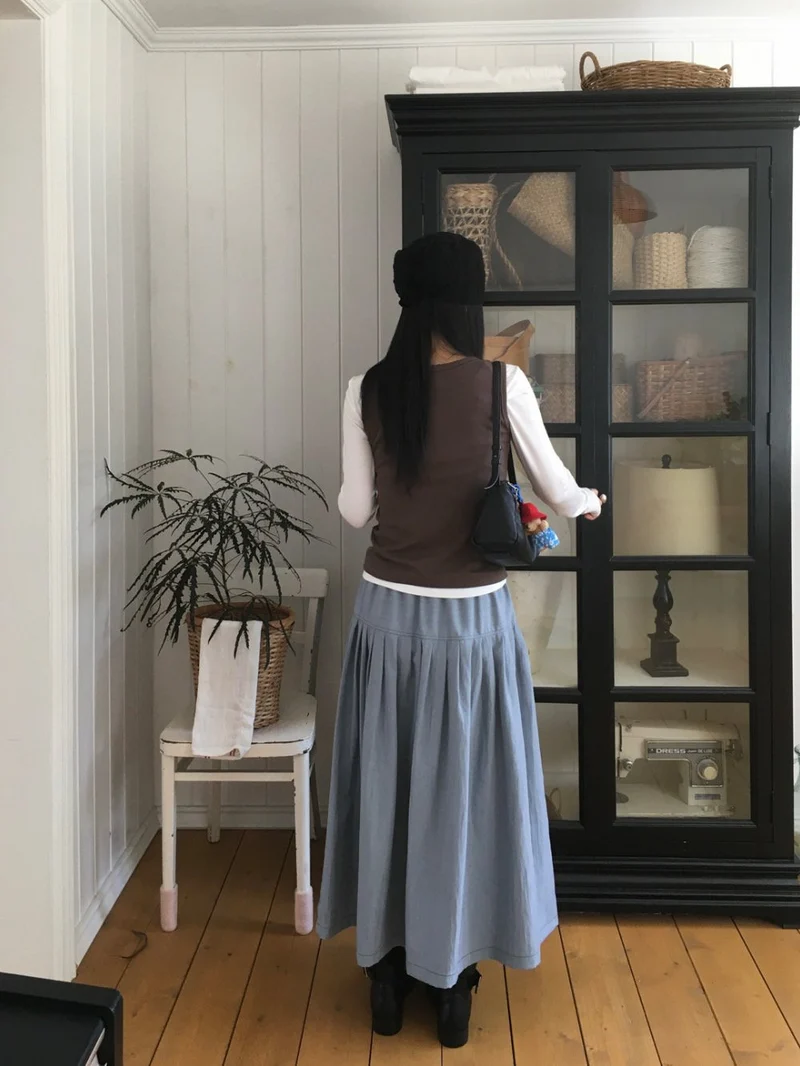 Treean Pleated Midi Skirt with Drawstring Elastic Waist