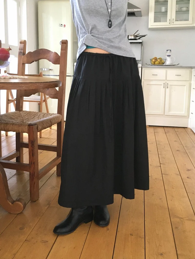 Treean Pleated Midi Skirt with Drawstring Elastic Waist