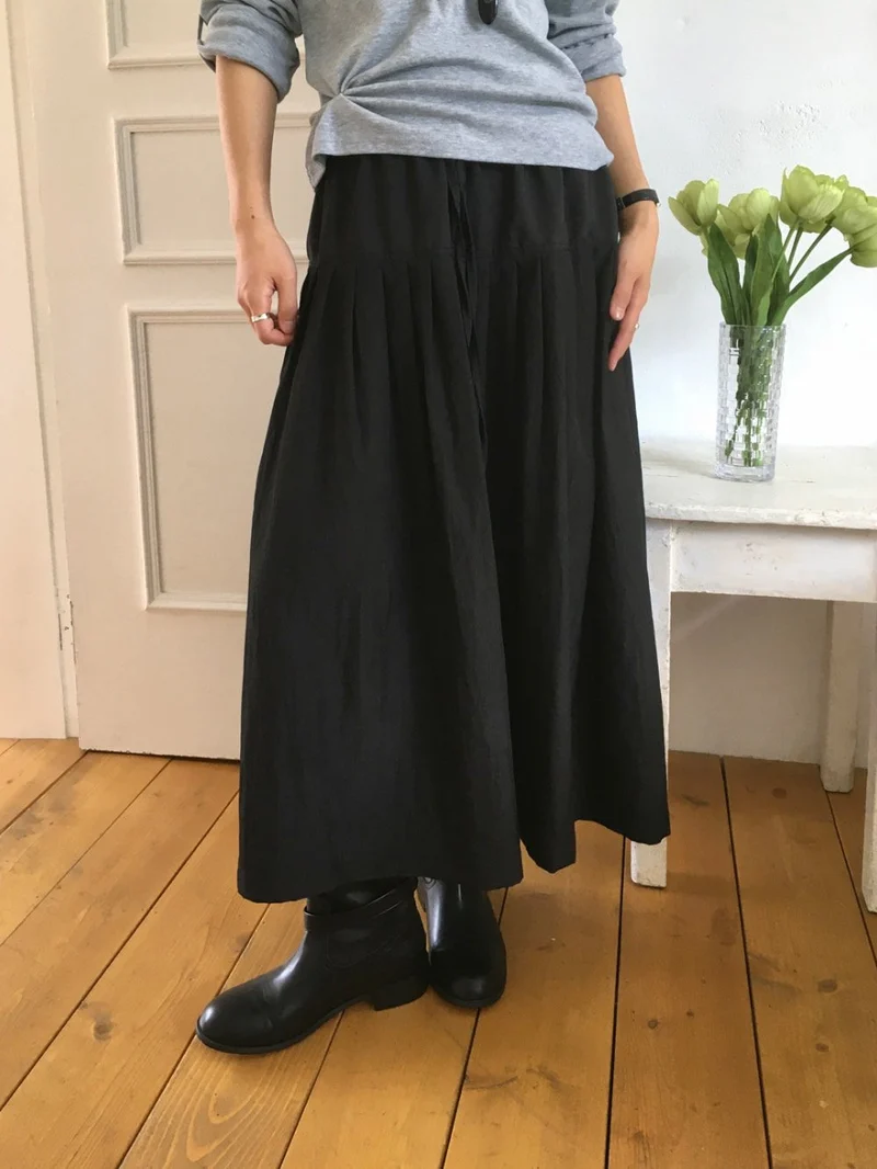 Treean Pleated Midi Skirt with Drawstring Elastic Waist