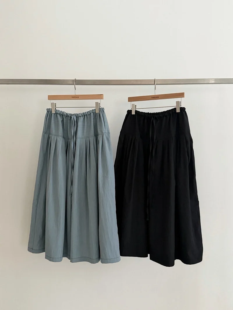 Treean Pleated Midi Skirt with Drawstring Elastic Waist