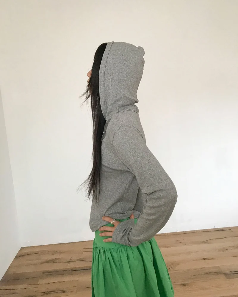 Treean Draped Hood Long Sleeve Cropped Top