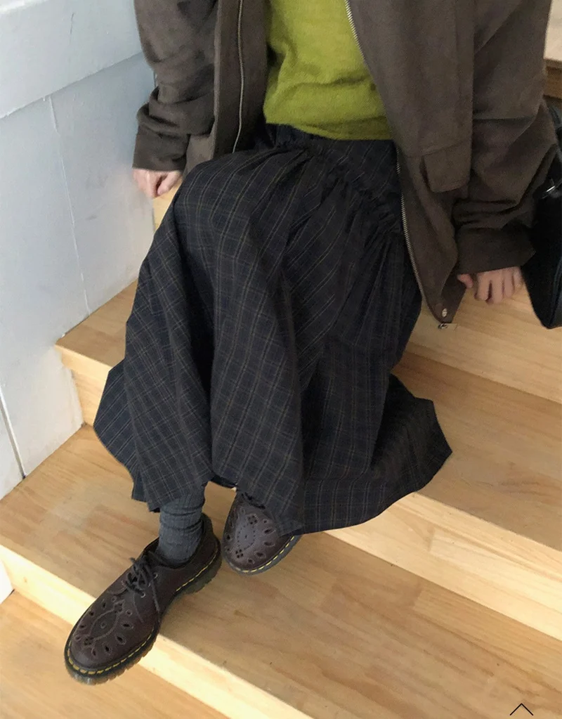 Treean Tiered Midi Skirt with Check Pattern and Drawstring Waist