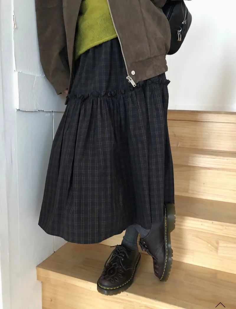Treean Tiered Midi Skirt with Check Pattern and Drawstring Waist