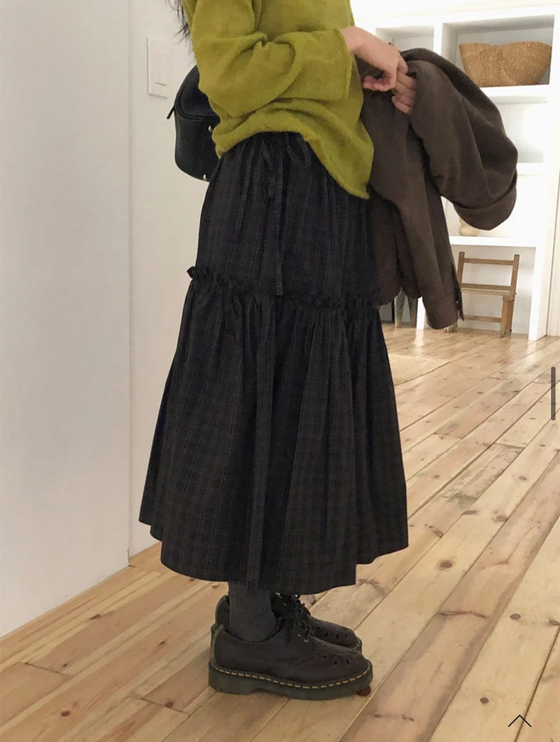 Treean Tiered Midi Skirt with Check Pattern and Drawstring Waist