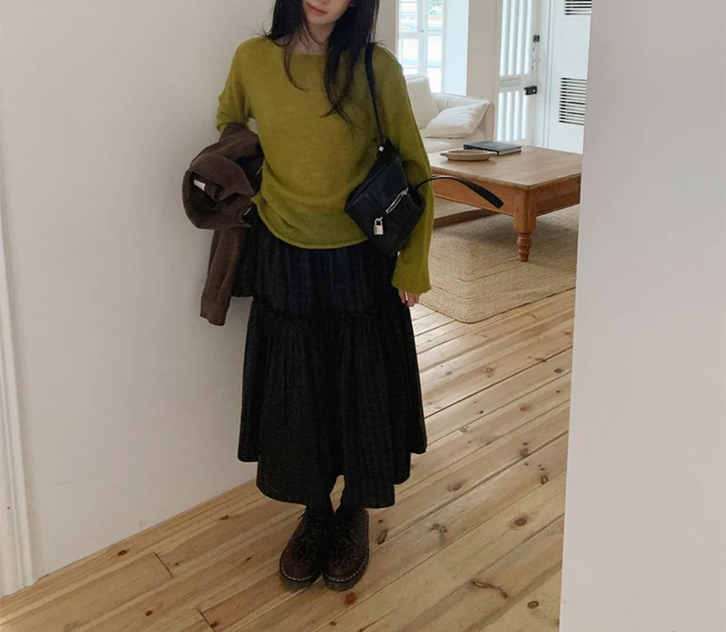 Treean Tiered Midi Skirt with Check Pattern and Drawstring Waist