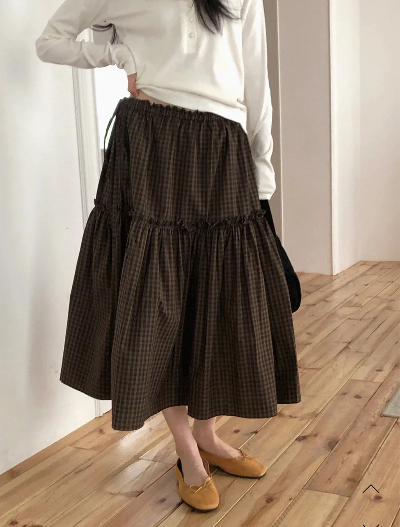 Treean Tiered Midi Skirt with Check Pattern and Drawstring Waist