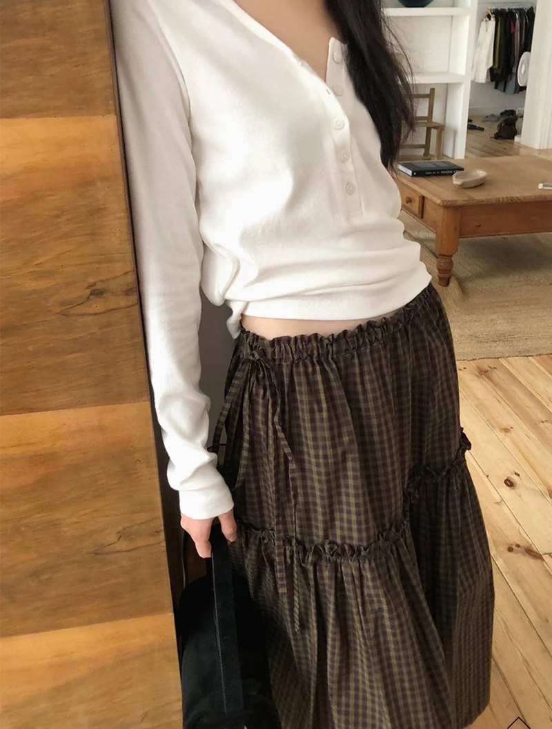 Treean Tiered Midi Skirt with Check Pattern and Drawstring Waist