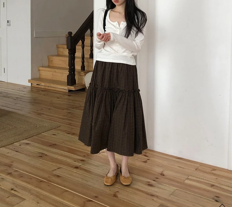 Treean Tiered Midi Skirt with Check Pattern and Drawstring Waist