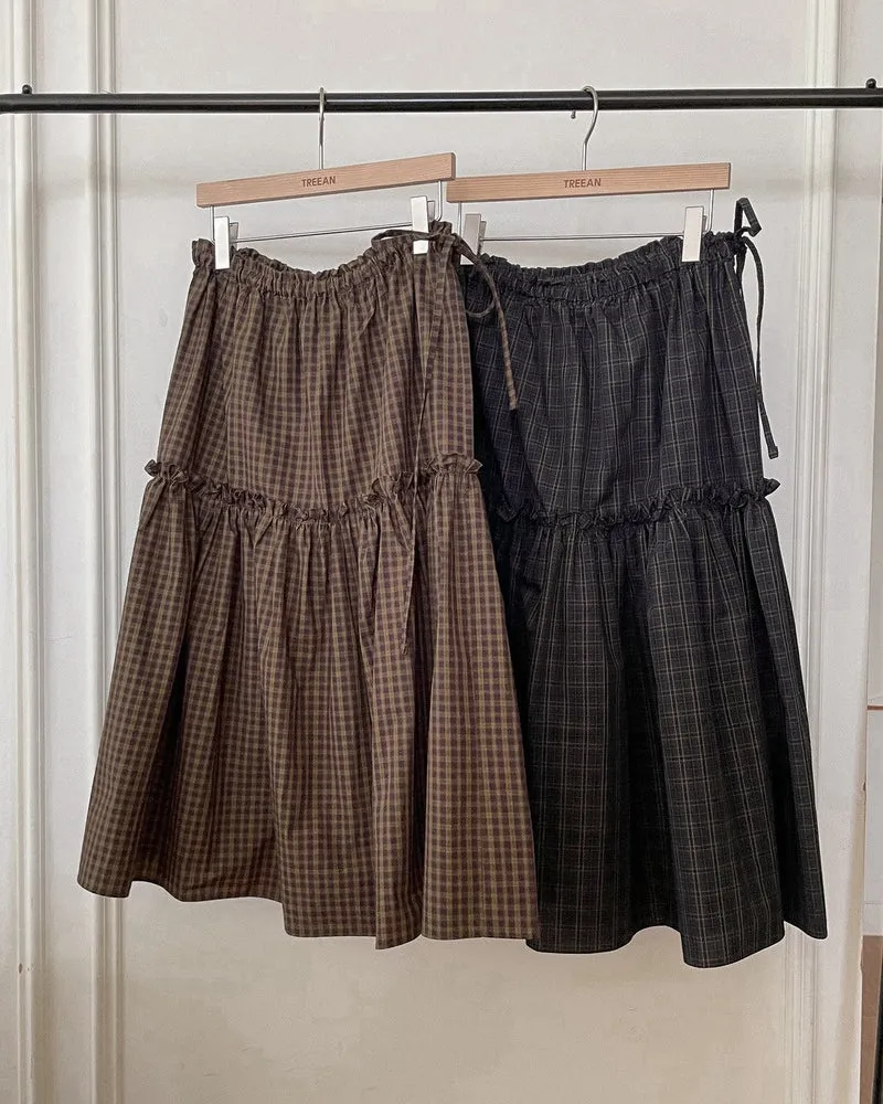 Treean Tiered Midi Skirt with Check Pattern and Drawstring Waist