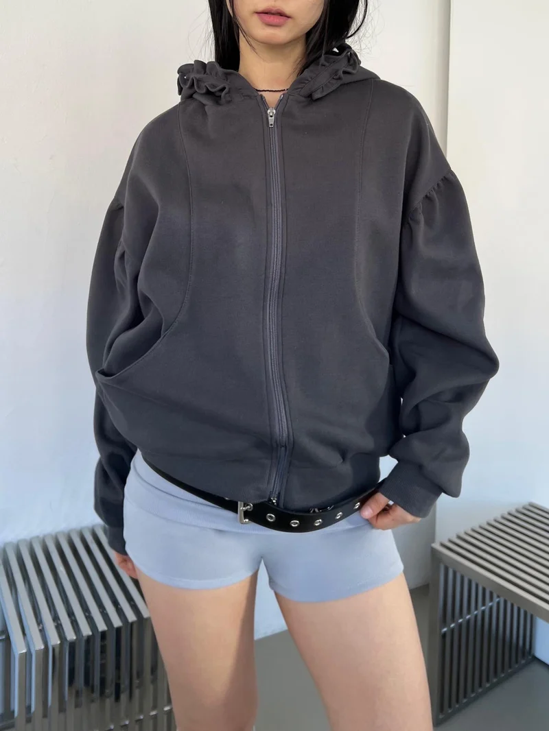 Askhaki Oversized Full Zip Hoodie with Ruffle Frill Hood