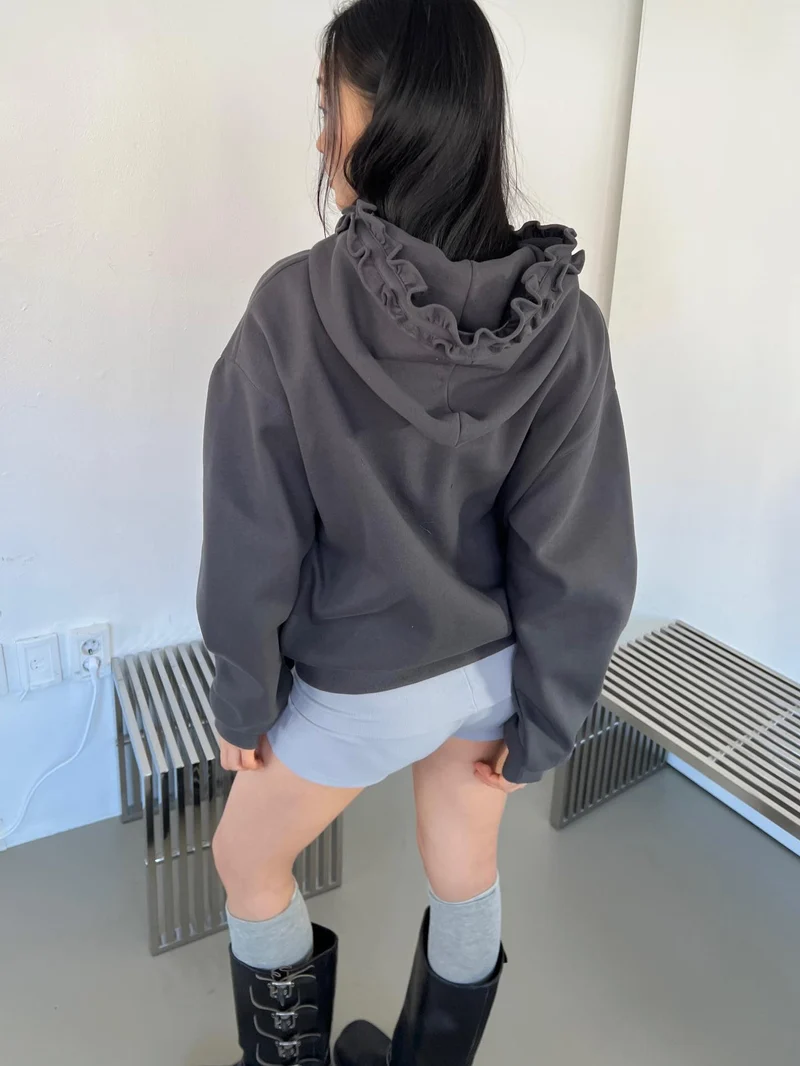 Askhaki Oversized Full Zip Hoodie with Ruffle Frill Hood