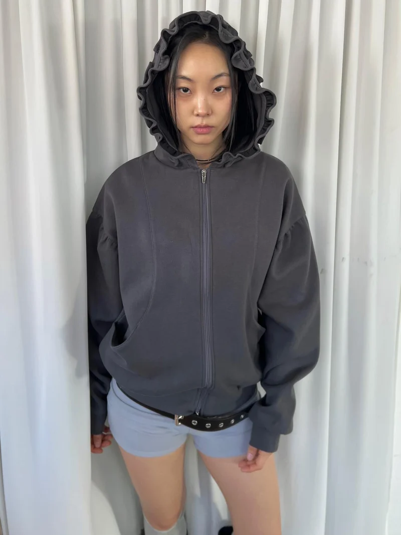 Askhaki Oversized Full Zip Hoodie with Ruffle Frill Hood