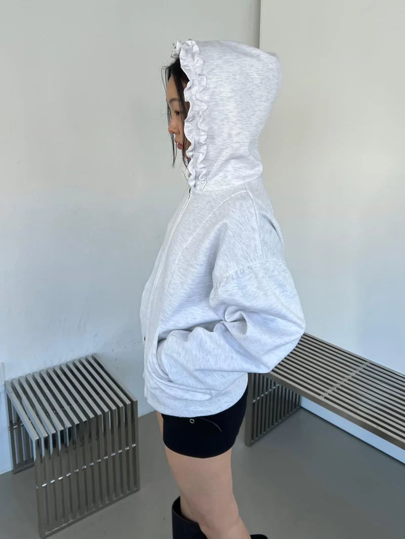 Askhaki Oversized Full Zip Hoodie with Ruffle Frill Hood