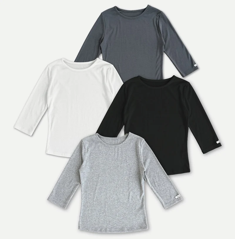 (2Pack) Askhaki Crew Neck Cropped Three-Quarter Sleeve Top