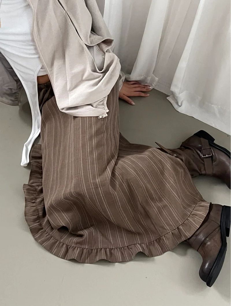 Askhaki Pinstripe Maxi Skirt with Contrast Waist Band and Ruffle Hem