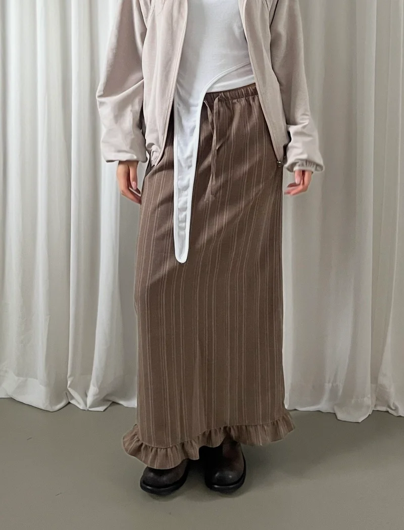 Askhaki Pinstripe Maxi Skirt with Contrast Waist Band and Ruffle Hem