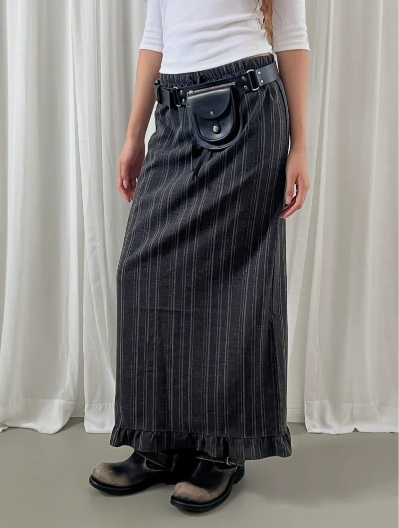 Askhaki Pinstripe Maxi Skirt with Contrast Waist Band and Ruffle Hem