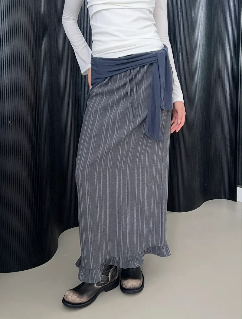 Askhaki Pinstripe Maxi Skirt with Contrast Waist Band and Ruffle Hem