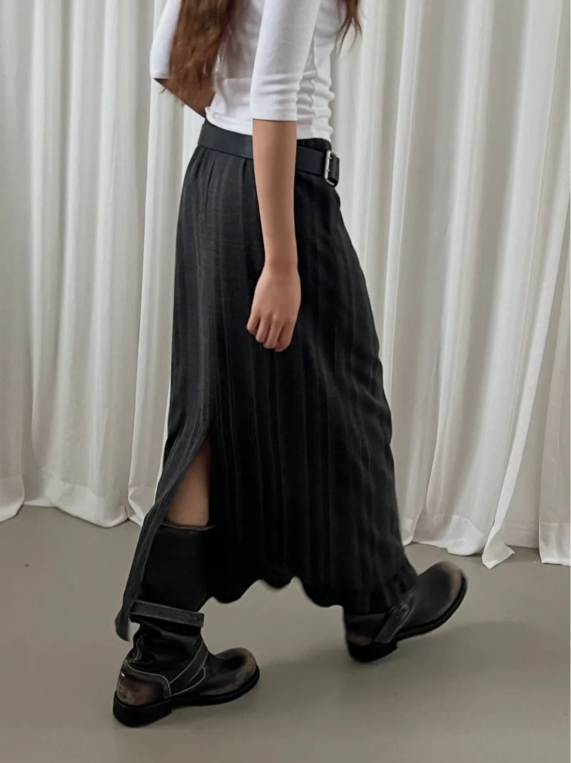 Askhaki Pinstripe Maxi Skirt with Contrast Waist Band and Ruffle Hem