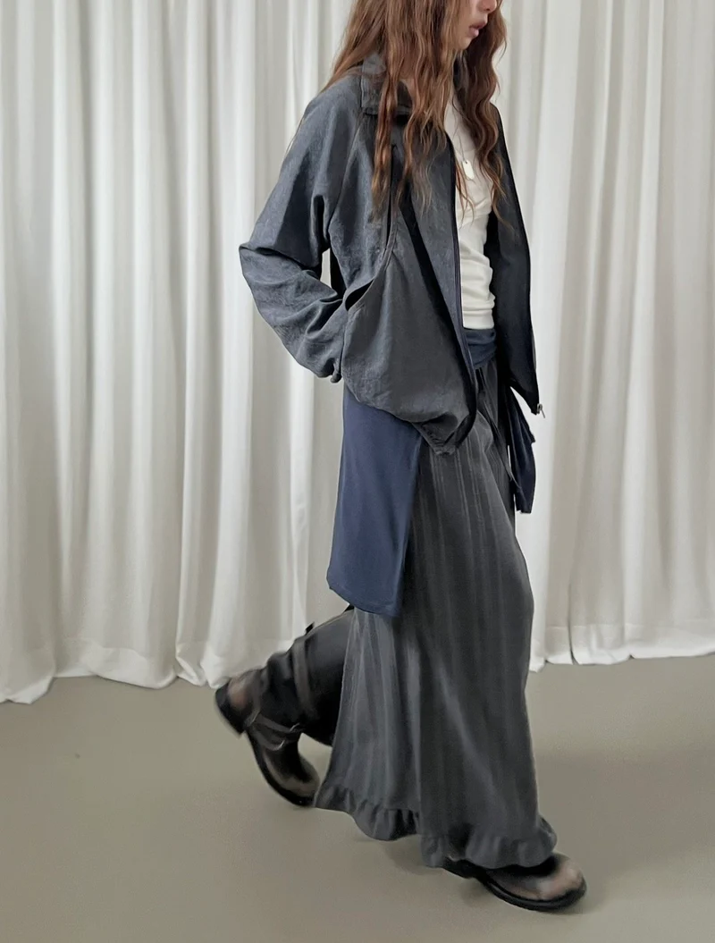 Askhaki Pinstripe Maxi Skirt with Contrast Waist Band and Ruffle Hem