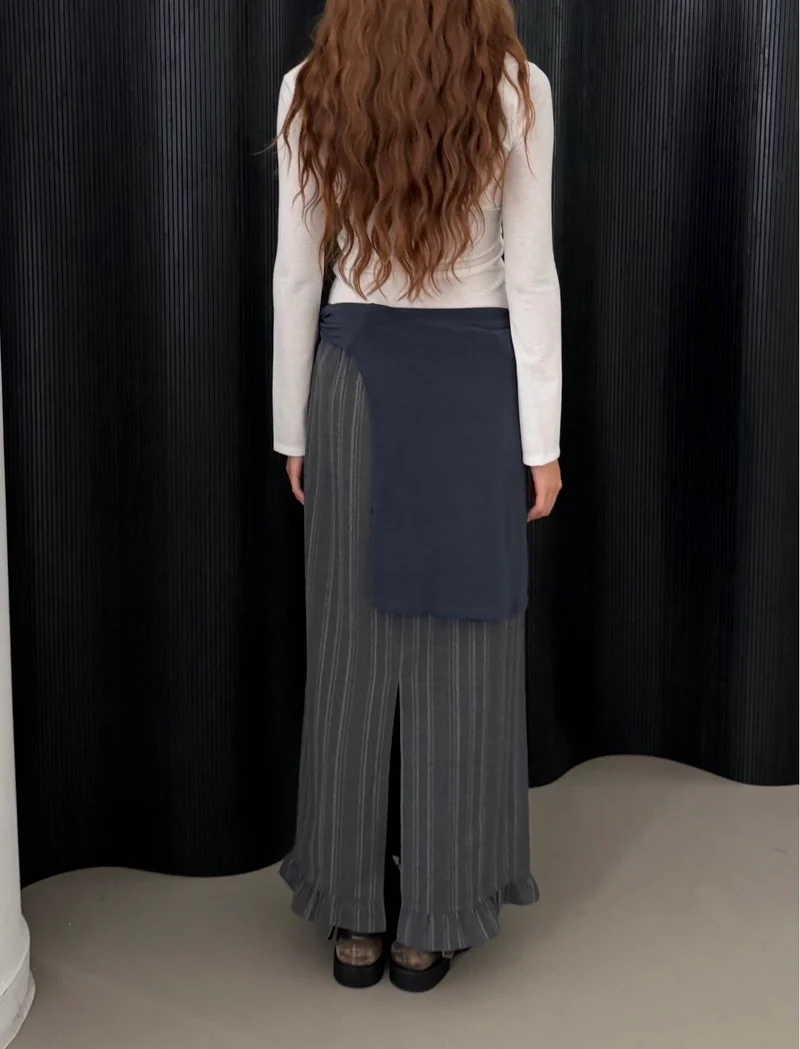 Askhaki Pinstripe Maxi Skirt with Contrast Waist Band and Ruffle Hem