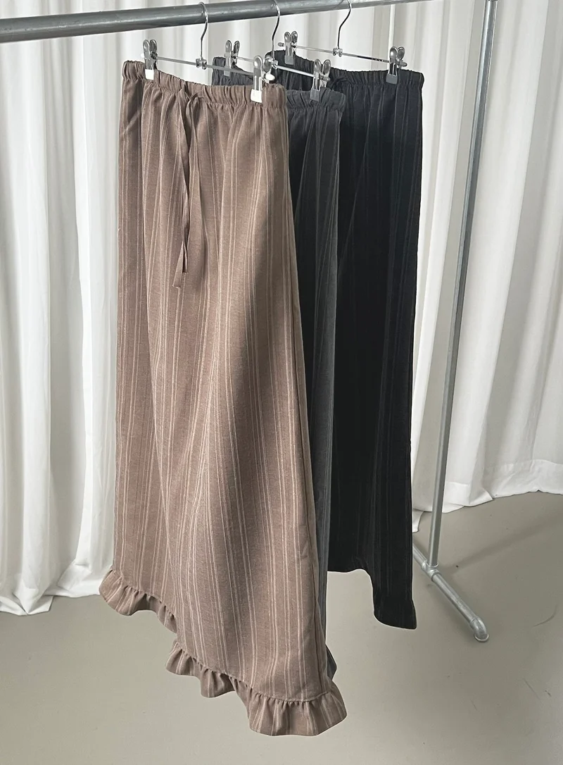 Askhaki Pinstripe Maxi Skirt with Contrast Waist Band and Ruffle Hem
