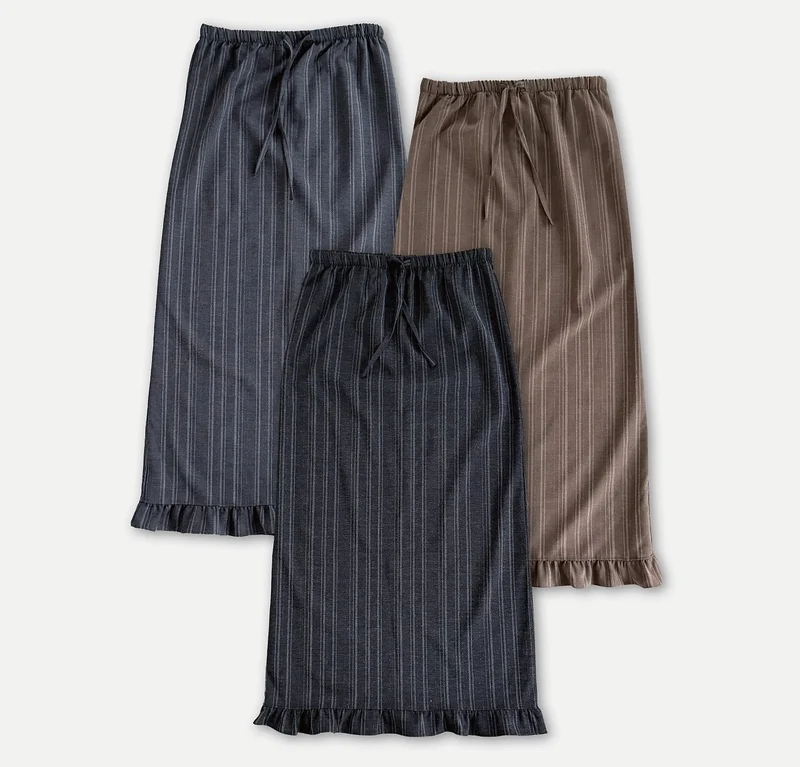 Askhaki Pinstripe Maxi Skirt with Contrast Waist Band and Ruffle Hem