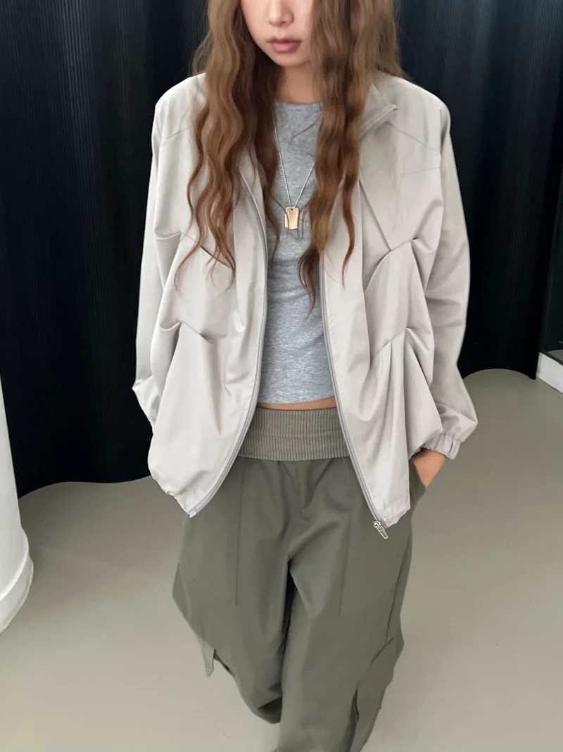 Askhaki Stand Collar Full Zip Cropped Jacket with Pleated Panel Detail