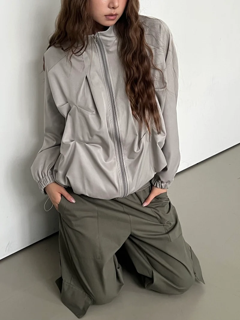 Askhaki Stand Collar Full Zip Cropped Jacket with Pleated Panel Detail