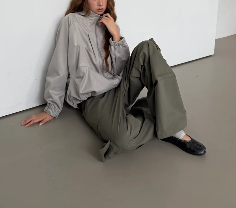Askhaki Stand Collar Full Zip Cropped Jacket with Pleated Panel Detail