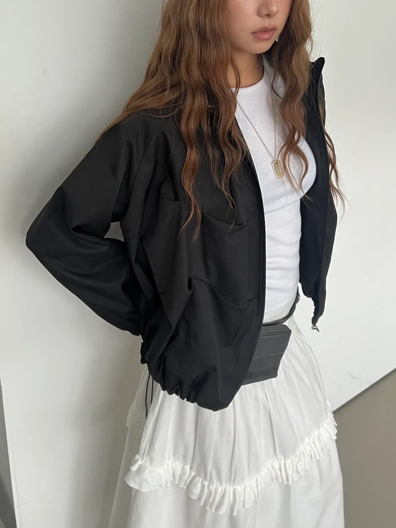 Askhaki Stand Collar Full Zip Cropped Jacket with Pleated Panel Detail