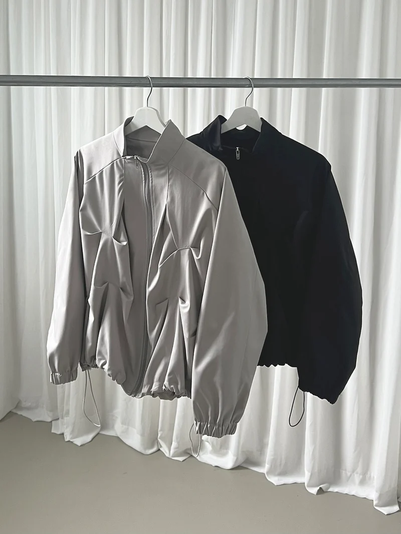 Askhaki Stand Collar Full Zip Cropped Jacket with Pleated Panel Detail