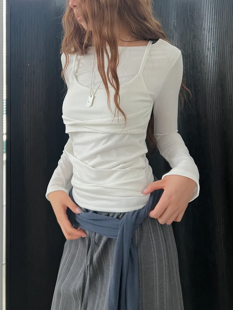 Askhaki Layered Look Long Sleeve Top with Ruched Strap Detail