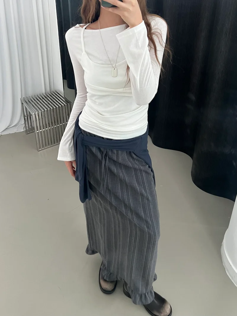 Askhaki Layered Look Long Sleeve Top with Ruched Strap Detail