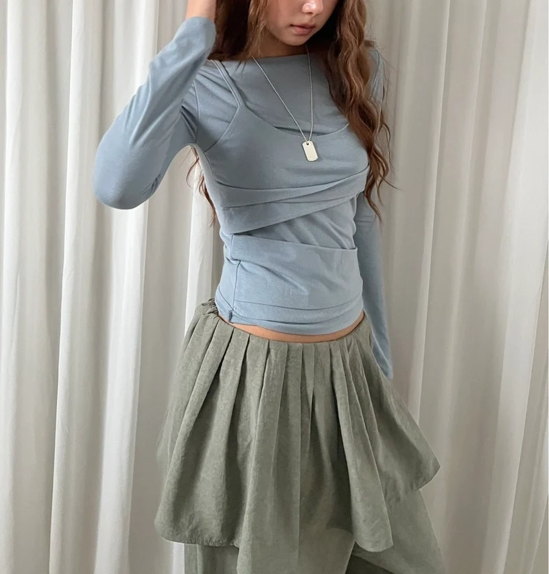 Askhaki Layered Look Long Sleeve Top with Ruched Strap Detail