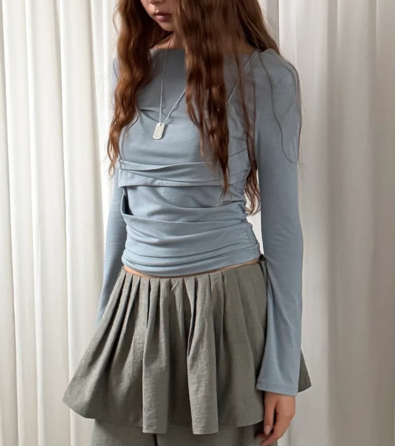 Askhaki Layered Look Long Sleeve Top with Ruched Strap Detail