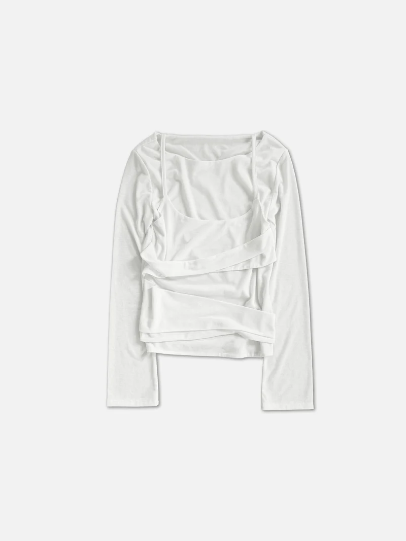 Askhaki Layered Look Long Sleeve Top with Ruched Strap Detail