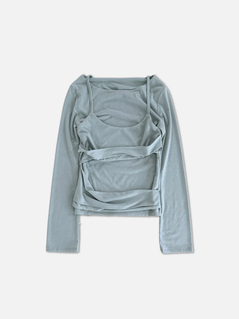 Askhaki Layered Look Long Sleeve Top with Ruched Strap Detail